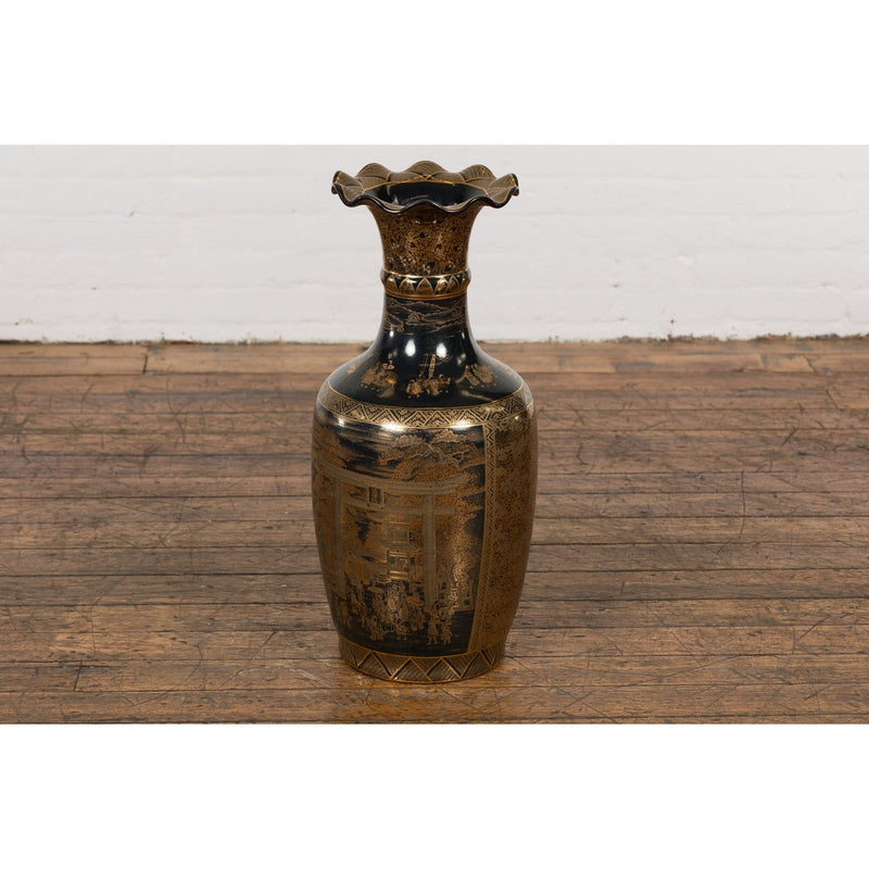 Black Lacquer and Gold Leaf Underlay Chinese Altar Vase with Scalloped Top-YN7780-15. Asian & Chinese Furniture, Art, Antiques, Vintage Home Décor for sale at FEA Home