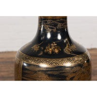 Black Lacquer and Gold Leaf Underlay Chinese Altar Vase with Scalloped Top