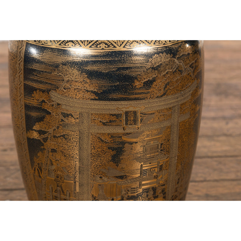 Black Lacquer and Gold Leaf Underlay Chinese Altar Vase with Scalloped Top-YN7780-5. Asian & Chinese Furniture, Art, Antiques, Vintage Home Décor for sale at FEA Home