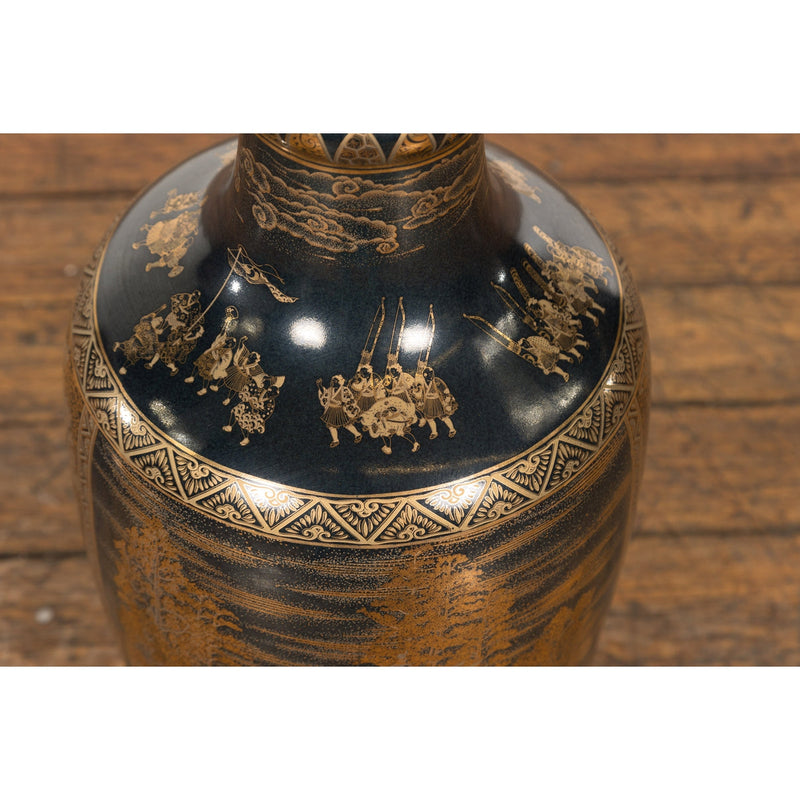 Black Lacquer and Gold Leaf Underlay Chinese Altar Vase with Scalloped Top-YN7780-6. Asian & Chinese Furniture, Art, Antiques, Vintage Home Décor for sale at FEA Home