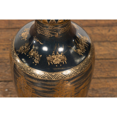 Black Lacquer and Gold Leaf Underlay Chinese Altar Vase with Scalloped Top