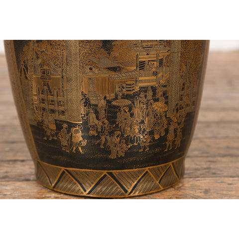 Black Lacquer and Gold Leaf Underlay Chinese Altar Vase with Scalloped Top-YN7780-9. Asian & Chinese Furniture, Art, Antiques, Vintage Home Décor for sale at FEA Home