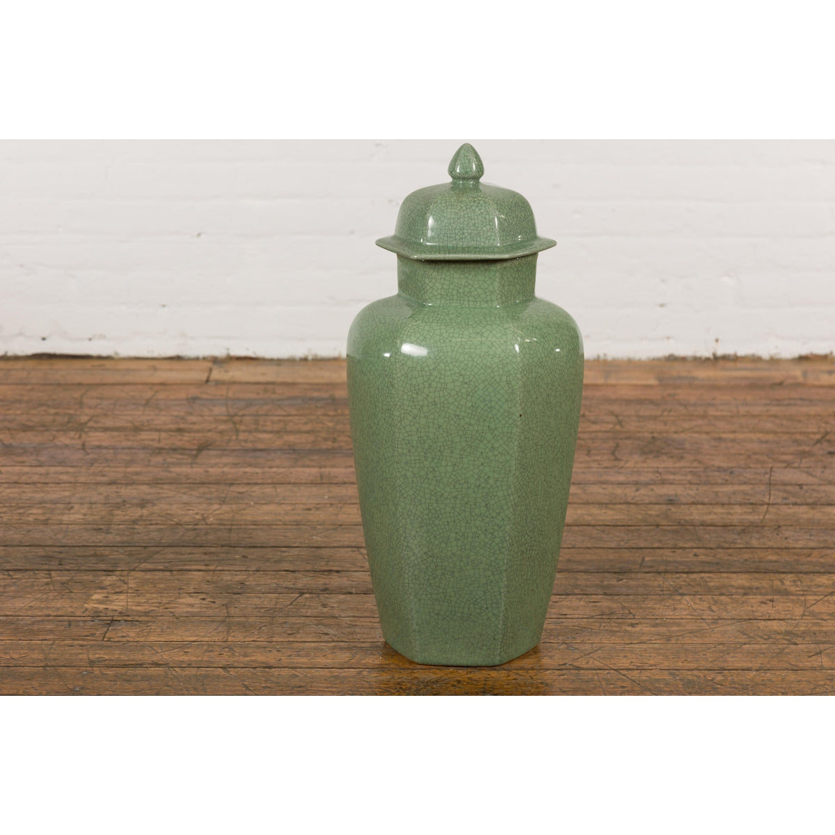 Vintage Celadon Colour Altar Vase with Bud Top and Crackle Design-5. Asian &amp; Chinese Furniture, Art, Antiques, Vintage Home Décor for sale at FEA Home