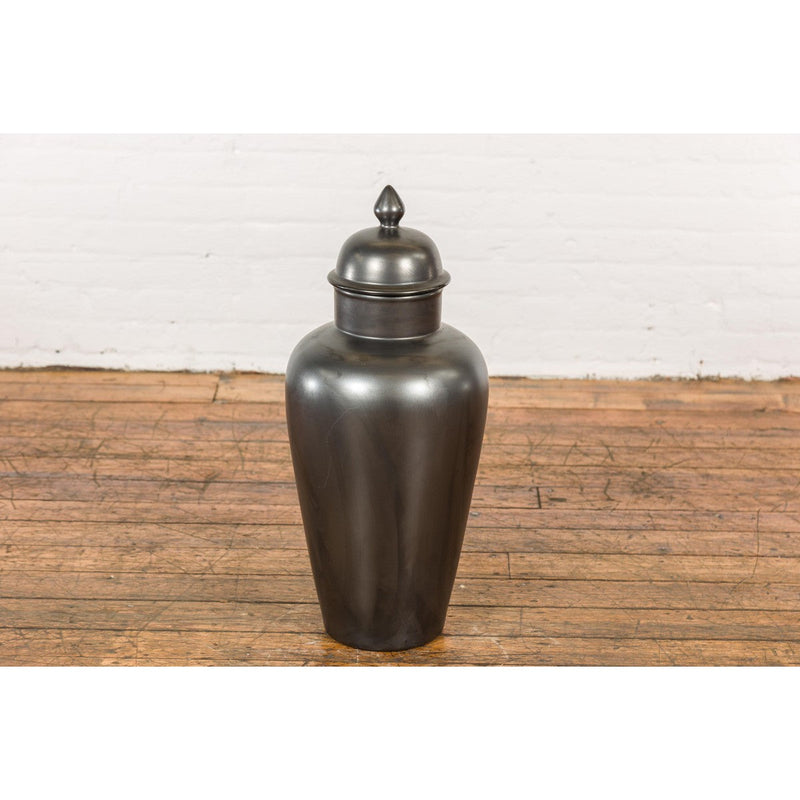 Vintage Charcoal Lidded Altar Vase with Stylized Acorn Finial-YN7784-12. Asian & Chinese Furniture, Art, Antiques, Vintage Home Décor for sale at FEA Home