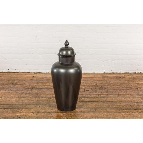 Vintage Charcoal Lidded Altar Vase with Stylized Acorn Finial-YN7784-14. Asian & Chinese Furniture, Art, Antiques, Vintage Home Décor for sale at FEA Home