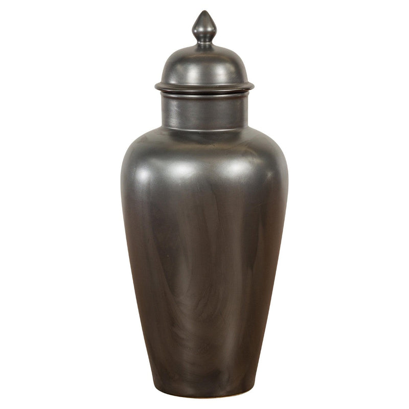 Vintage Charcoal Lidded Altar Vase with Stylized Acorn Finial-1. Asian & Chinese Furniture, Art, Antiques, Vintage Home Décor for sale at FEA Home