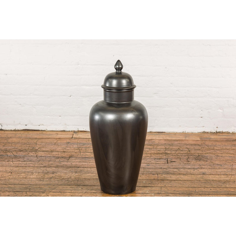 Vintage Charcoal Lidded Altar Vase with Stylized Acorn Finial-YN7784-3. Asian & Chinese Furniture, Art, Antiques, Vintage Home Décor for sale at FEA Home