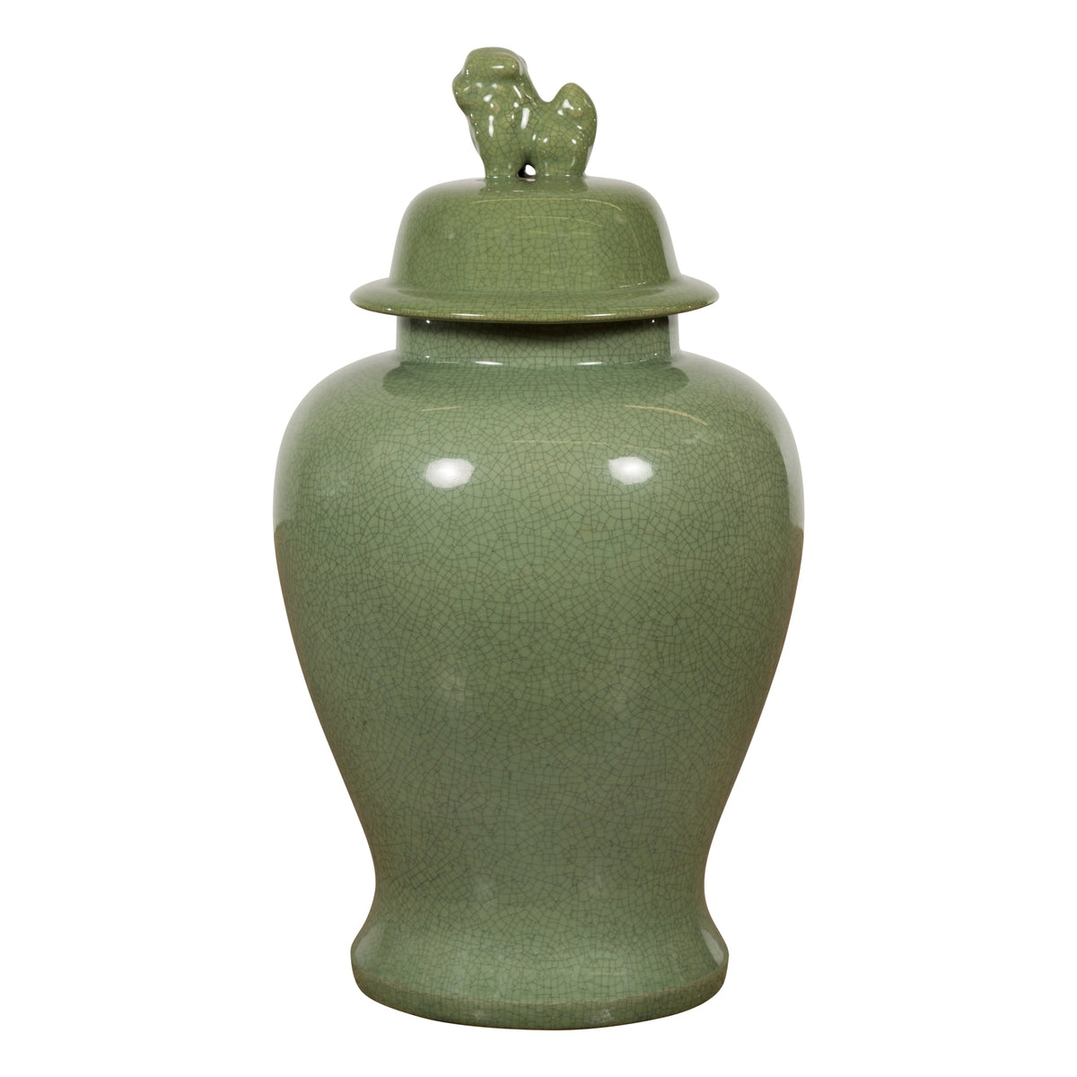 Chinese Lidded Altar Vase with Green Celadon Glaze and Guardian Lion Motif-1. Asian & Chinese Furniture, Art, Antiques, Vintage Home Décor for sale at FEA Home