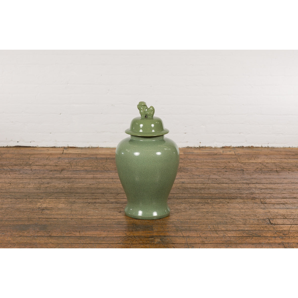 Chinese Lidded Altar Vase with Green Celadon Glaze and Guardian Lion Motif-2. Asian & Chinese Furniture, Art, Antiques, Vintage Home Décor for sale at FEA Home