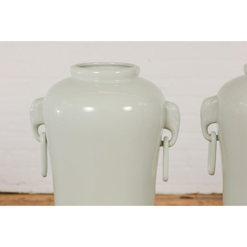 Tall and Slender Vintage White Porcelain Elephant Handles Altar Vases, Near Pair-YN7788-10. Asian & Chinese Furniture, Art, Antiques, Vintage Home Décor for sale at FEA Home