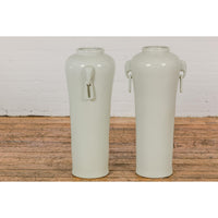 Tall and Slender Vintage White Porcelain Elephant Handles Altar Vases, Near Pair