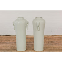 Tall and Slender Vintage White Porcelain Elephant Handles Altar Vases, Near Pair