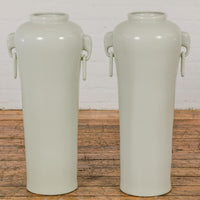 Tall and Slender Vintage White Porcelain Elephant Handles Altar Vases, Near Pair