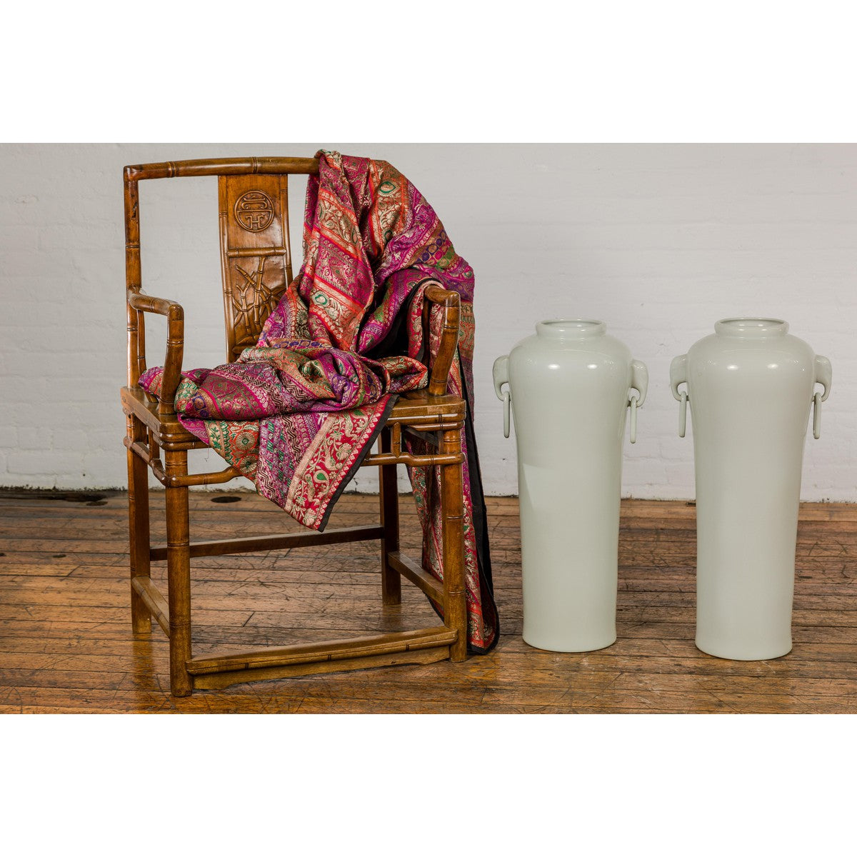 Tall and Slender Vintage White Porcelain Elephant Handles Altar Vases, Near Pair-3. Asian &amp; Chinese Furniture, Art, Antiques, Vintage Home Décor for sale at FEA Home