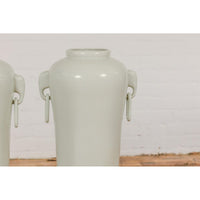 Tall and Slender Vintage White Porcelain Elephant Handles Altar Vases, Near Pair