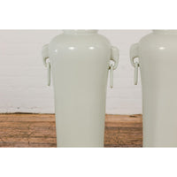Tall and Slender Vintage White Porcelain Elephant Handles Altar Vases, Near Pair