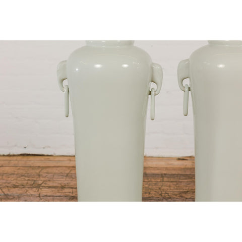 Tall and Slender Vintage White Porcelain Elephant Handles Altar Vases, Near Pair-YN7788-7. Asian & Chinese Furniture, Art, Antiques, Vintage Home Décor for sale at FEA Home