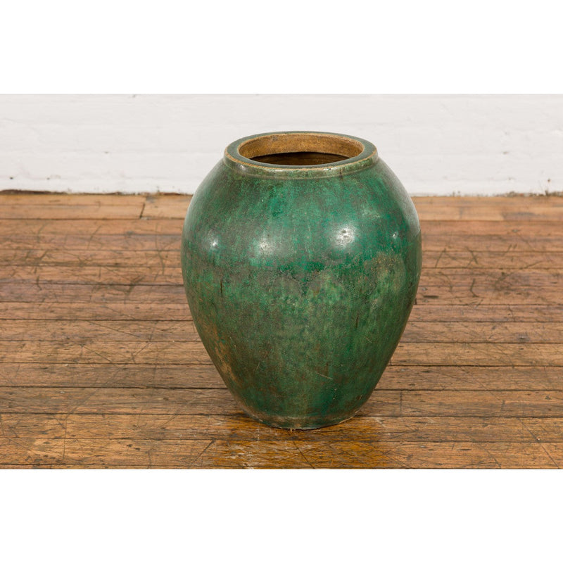 Green Glazed 1950s Ceramic Planter Jar with Tapering Lines-YN7789-10. Asian & Chinese Furniture, Art, Antiques, Vintage Home Décor for sale at FEA Home