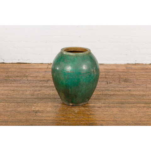Green Glazed 1950s Ceramic Planter Jar with Tapering Lines-YN7789-12. Asian & Chinese Furniture, Art, Antiques, Vintage Home Décor for sale at FEA Home
