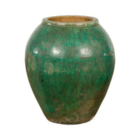 Green Glazed 1950s Ceramic Planter Jar with Tapering Lines