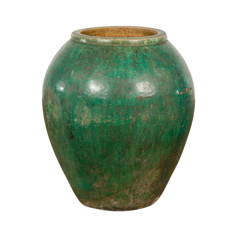 Green Glazed 1950s Ceramic Planter Jar with Tapering Lines-YN7789-14. Asian & Chinese Furniture, Art, Antiques, Vintage Home Décor for sale at FEA Home
