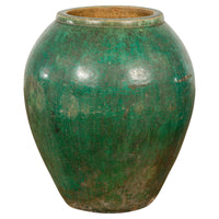 Green Glazed 1950s Ceramic Planter Jar with Tapering Lines