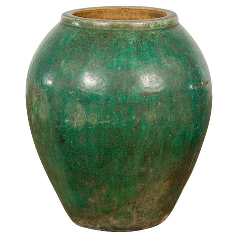 Green Glazed 1950s Ceramic Planter Jar with Tapering Lines-YN7789-1. Asian & Chinese Furniture, Art, Antiques, Vintage Home Décor for sale at FEA Home