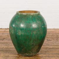 Green Glazed 1950s Ceramic Planter Jar with Tapering Lines-YN7789-4. Asian & Chinese Furniture, Art, Antiques, Vintage Home Décor for sale at FEA Home