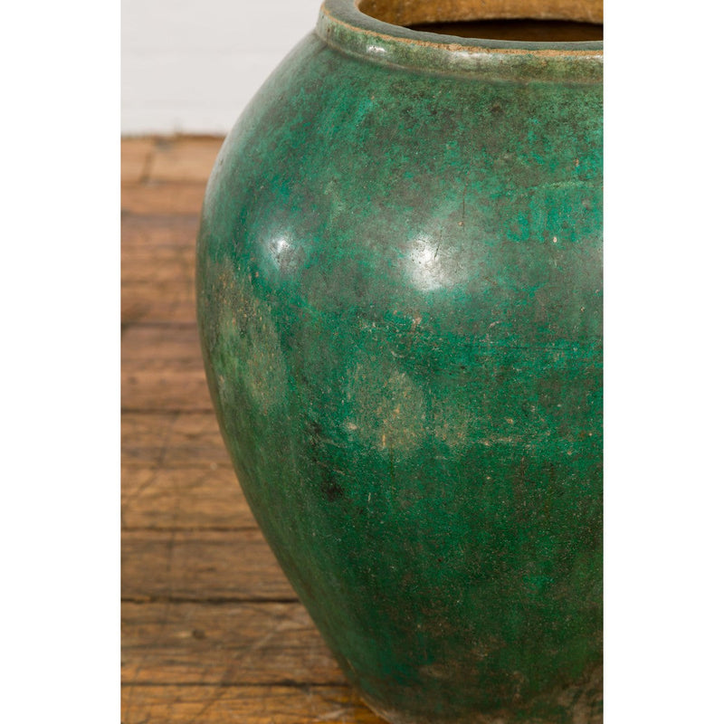 Green Glazed 1950s Ceramic Planter Jar with Tapering Lines-YN7789-7. Asian & Chinese Furniture, Art, Antiques, Vintage Home Décor for sale at FEA Home