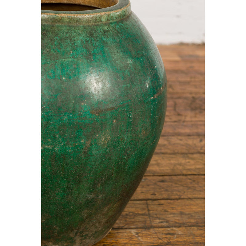 Green Glazed 1950s Ceramic Planter Jar with Tapering Lines-YN7789-8. Asian & Chinese Furniture, Art, Antiques, Vintage Home Décor for sale at FEA Home