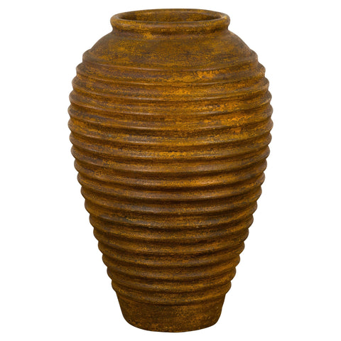Yellow and Brown Storage Vase with Concentric Design and Rustic Character-YN7790-1-Unique Furniture-Art-Antiques-Home Décor in NY