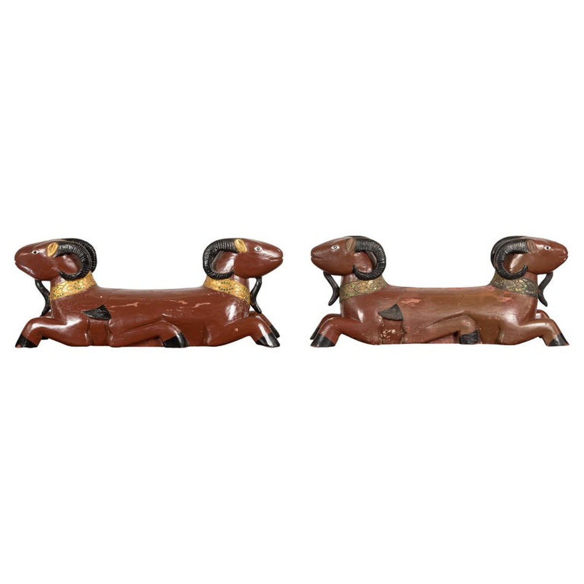 Pair of Vintage Northern Thai Double Ram Sculptures with Reddish Brown Lacquer-1. Asian & Chinese Furniture, Art, Antiques, Vintage Home Décor for sale at FEA Home
