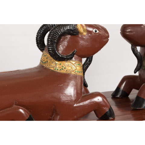 Pair of Vintage Northern Thai Double Ram Sculptures with Reddish Brown Lacquer-10. Asian & Chinese Furniture, Art, Antiques, Vintage Home Décor for sale at FEA Home
