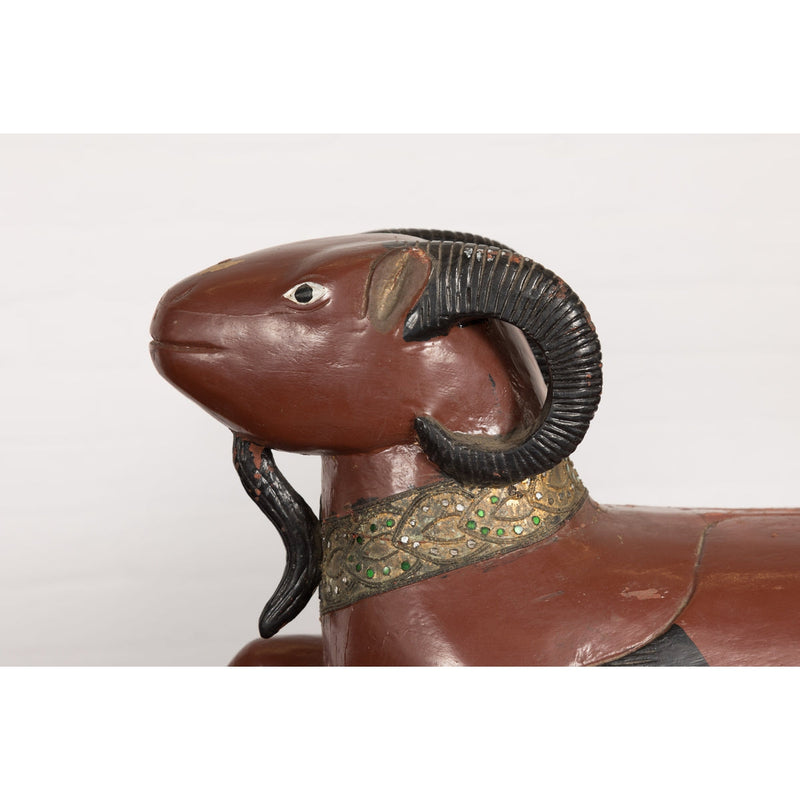 Pair of Vintage Northern Thai Double Ram Sculptures with Reddish Brown Lacquer-11. Asian & Chinese Furniture, Art, Antiques, Vintage Home Décor for sale at FEA Home