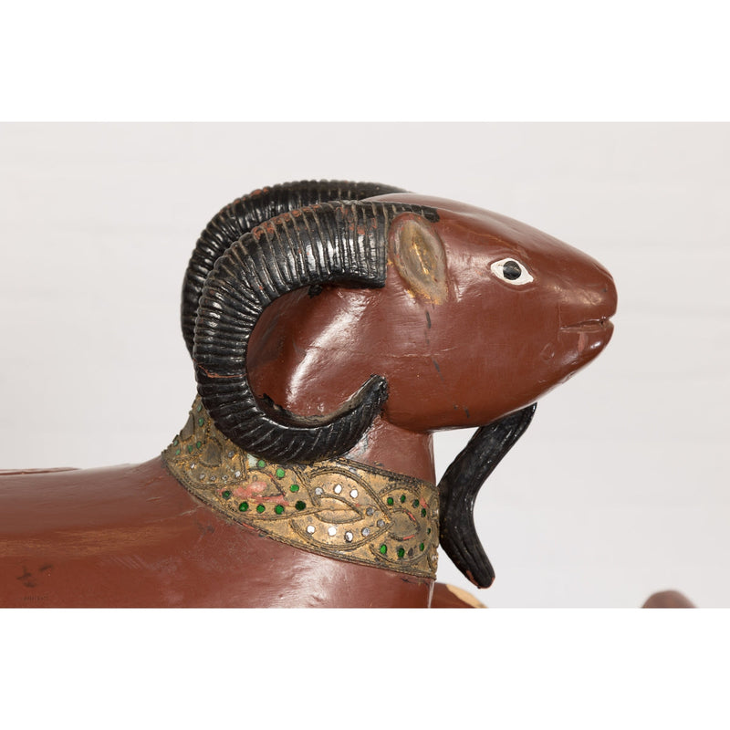 Pair of Vintage Northern Thai Double Ram Sculptures with Reddish Brown Lacquer-12. Asian & Chinese Furniture, Art, Antiques, Vintage Home Décor for sale at FEA Home