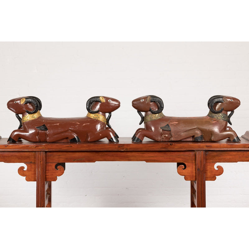 Pair of Vintage Northern Thai Double Ram Sculptures with Reddish Brown Lacquer-15. Asian & Chinese Furniture, Art, Antiques, Vintage Home Décor for sale at FEA Home