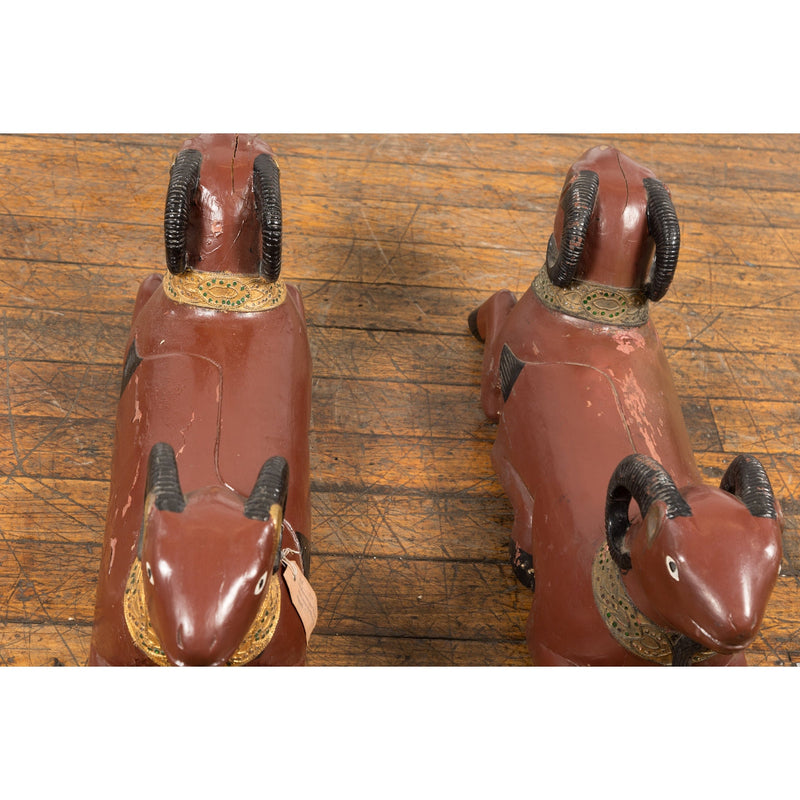 Pair of Vintage Northern Thai Double Ram Sculptures with Reddish Brown Lacquer-16. Asian & Chinese Furniture, Art, Antiques, Vintage Home Décor for sale at FEA Home