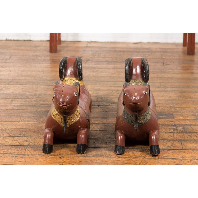 Pair of Vintage Northern Thai Double Ram Sculptures with Reddish Brown Lacquer-17. Asian & Chinese Furniture, Art, Antiques, Vintage Home Décor for sale at FEA Home