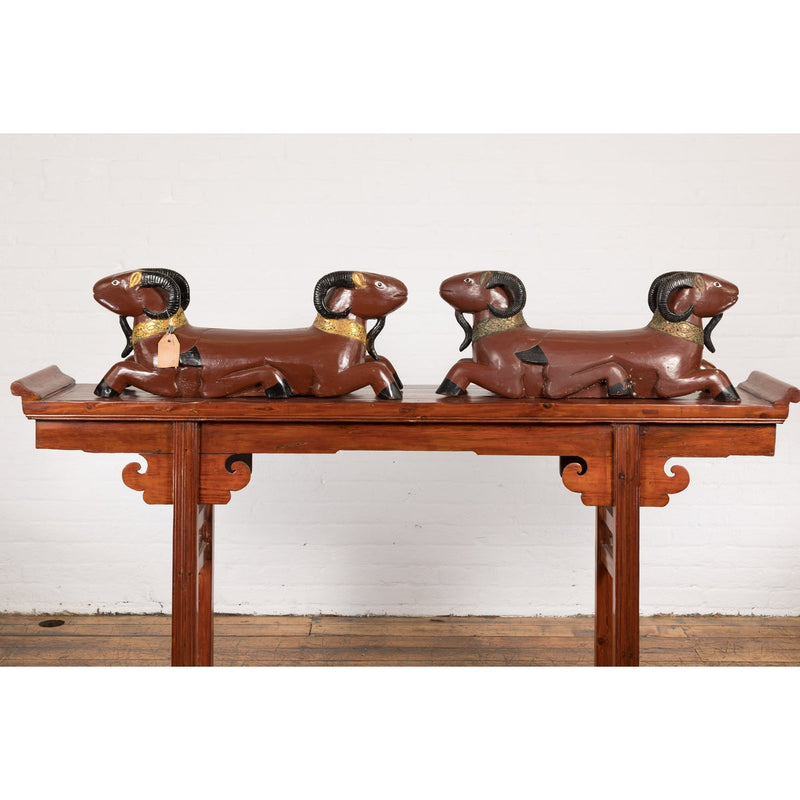Pair of Vintage Northern Thai Double Ram Sculptures with Reddish Brown Lacquer-2. Asian & Chinese Furniture, Art, Antiques, Vintage Home Décor for sale at FEA Home