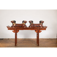Pair of Vintage Northern Thai Double Ram Sculptures with Reddish Brown Lacquer