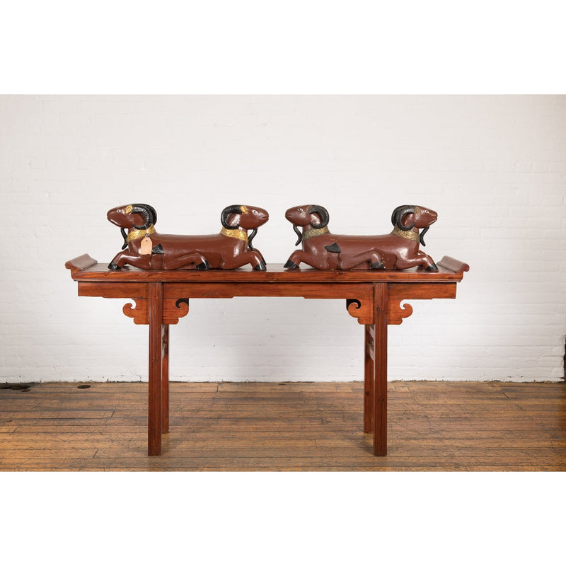 Pair of Vintage Northern Thai Double Ram Sculptures with Reddish Brown Lacquer-3. Asian & Chinese Furniture, Art, Antiques, Vintage Home Décor for sale at FEA Home