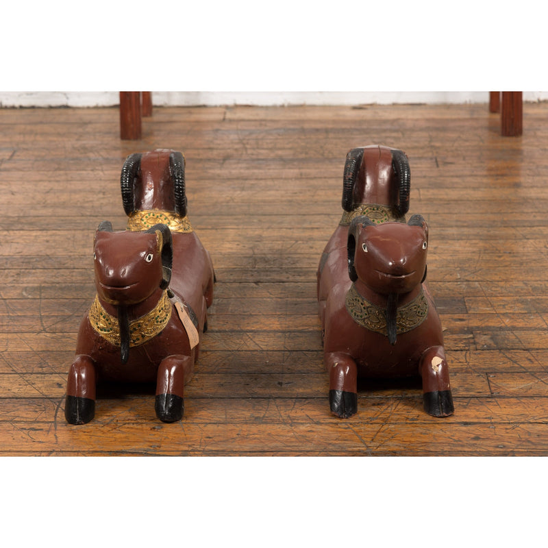 Pair of Vintage Northern Thai Double Ram Sculptures with Reddish Brown Lacquer-4. Asian & Chinese Furniture, Art, Antiques, Vintage Home Décor for sale at FEA Home