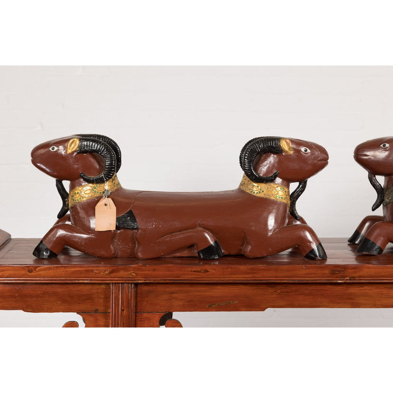 Pair of Vintage Northern Thai Double Ram Sculptures with Reddish Brown Lacquer-5. Asian & Chinese Furniture, Art, Antiques, Vintage Home Décor for sale at FEA Home