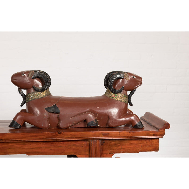 Pair of Vintage Northern Thai Double Ram Sculptures with Reddish Brown Lacquer-6. Asian & Chinese Furniture, Art, Antiques, Vintage Home Décor for sale at FEA Home