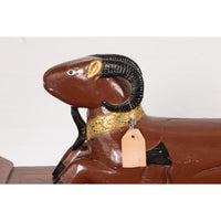 Pair of Vintage Northern Thai Double Ram Sculptures with Reddish Brown Lacquer