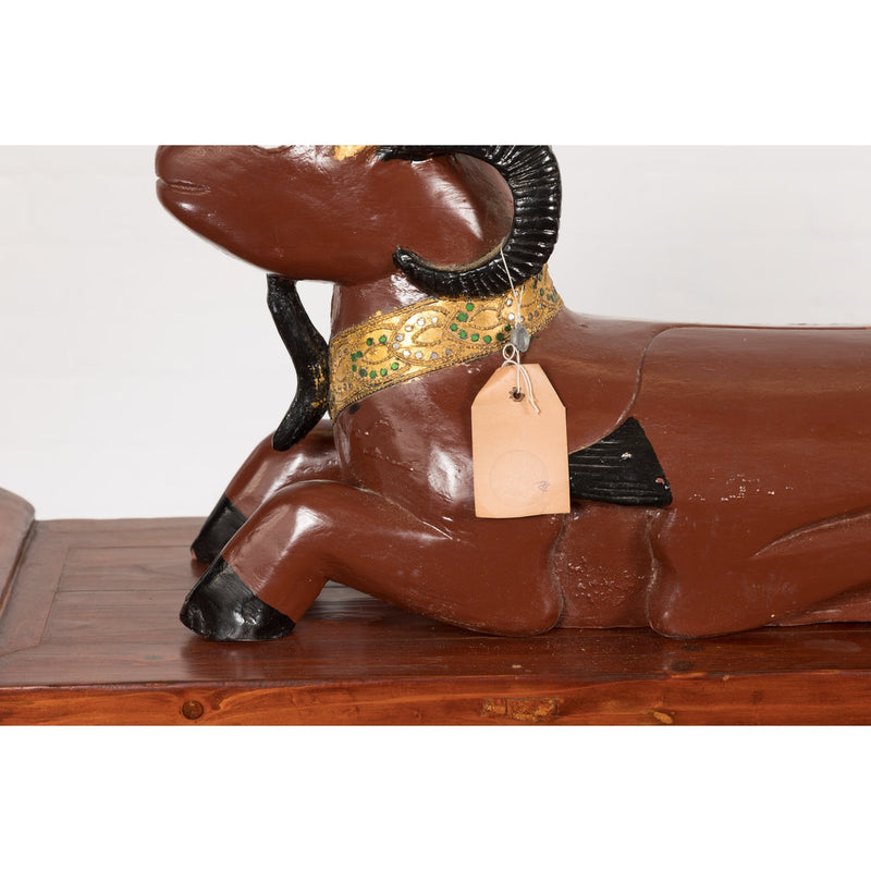 Pair of Vintage Northern Thai Double Ram Sculptures with Reddish Brown Lacquer-8. Asian & Chinese Furniture, Art, Antiques, Vintage Home Décor for sale at FEA Home
