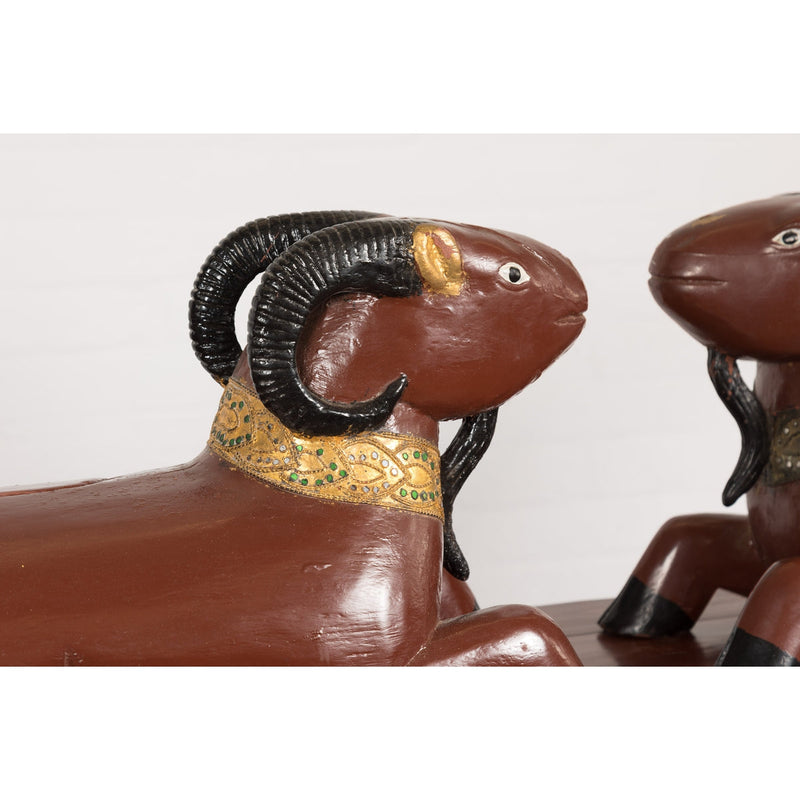 Pair of Vintage Northern Thai Double Ram Sculptures with Reddish Brown Lacquer-9. Asian & Chinese Furniture, Art, Antiques, Vintage Home Décor for sale at FEA Home