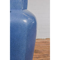 Tall Blue Glaze Lidded Hexagonal Vase with Crackle Finish, Vintage