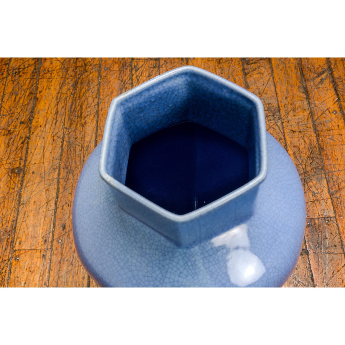 Tall Blue Glaze Lidded Hexagonal Vase with Crackle Finish, Vintage-11. Asian &amp; Chinese Furniture, Art, Antiques, Vintage Home Décor for sale at FEA Home
