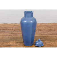 Tall Blue Glaze Lidded Hexagonal Vase with Crackle Finish, Vintage